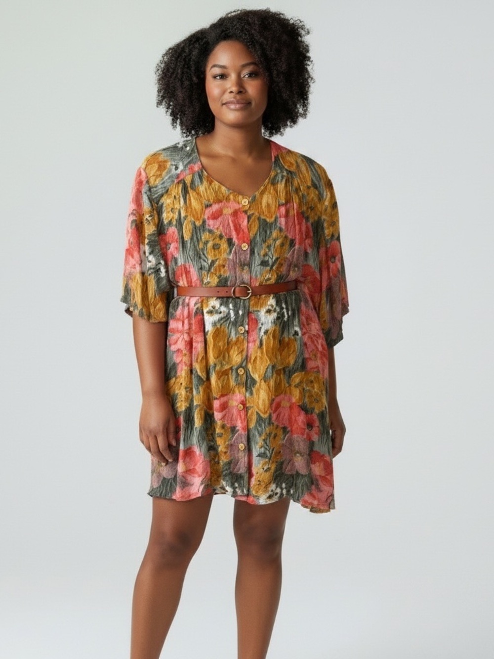 Vintage Rare Mango Bright Floral Top or Dress in Mustard w Coral & Green